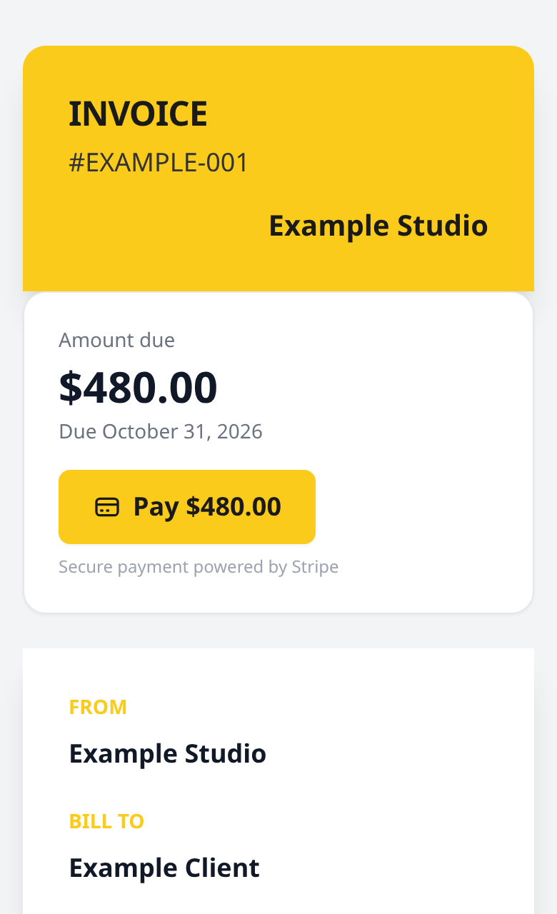 Example mobile invoice from Example Studio to Example Client: $480.00 due October 31, 2026, with a Pay $480.00 button.